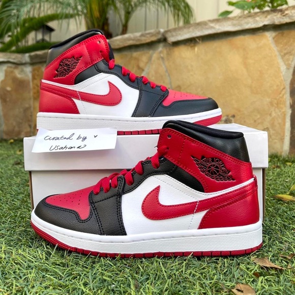 Women’s Nike Air Jordan 1 mid retro white black Red Bull bred shoes (big kids) - Picture 2 of 4
